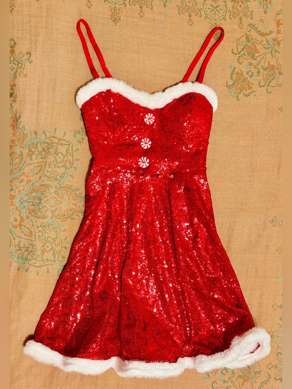 XXS 00 red sequin sexy Santa lined mini dress bustier top swing skirt